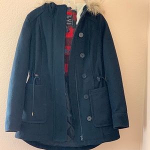 Navy wool parka coat with sherpa hood lining